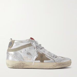 GOLDEN GOOSE Mid Star distressed suede-trimmed metallic leather sneakers Size 38